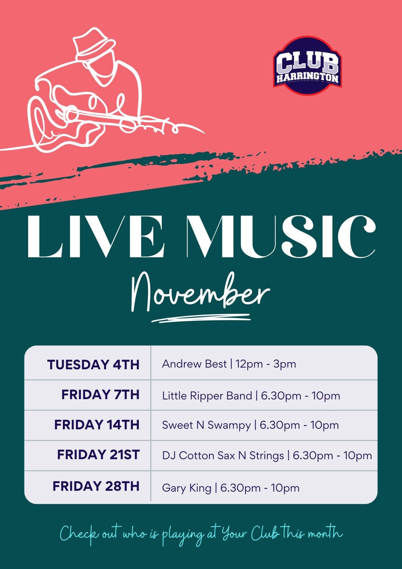 Live music - November - Poster A4 Easter Raffles at Club Harrington