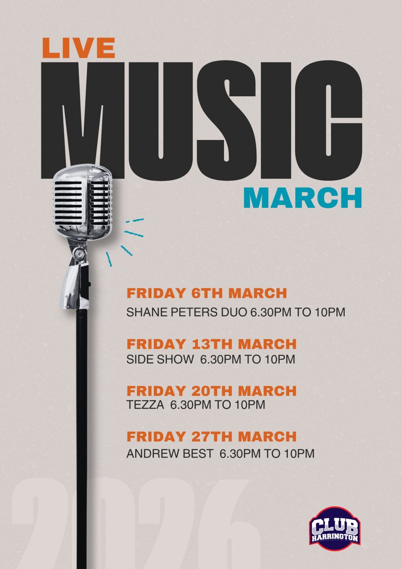 MARCH Music A4 Poster Easter Raffles at Club Harrington